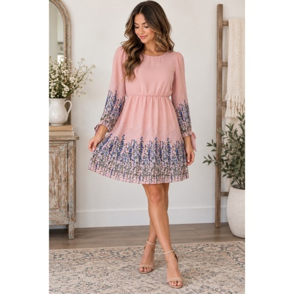 Copper Key Pink Floral Border Print Long Sleeve Mini Dress Tie Cuff NWT